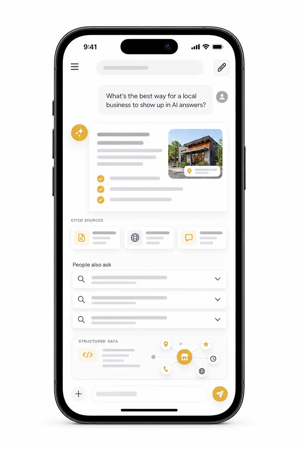 Mobile answer interface with structured responses, source cards, and related questions