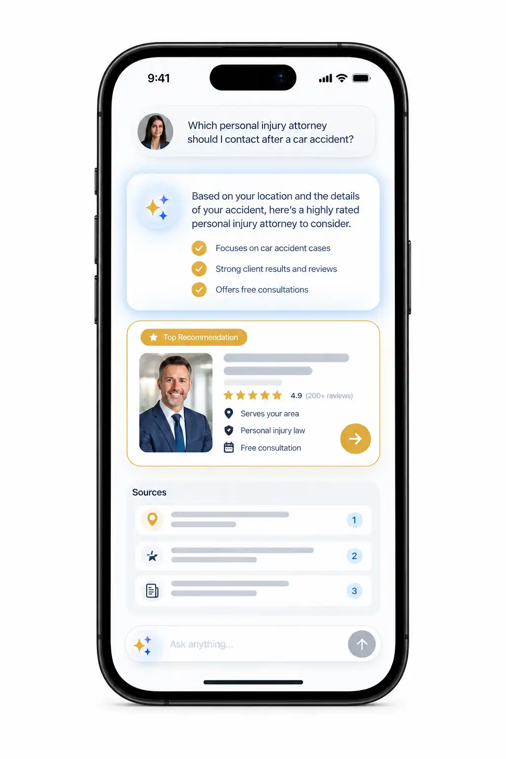 Mobile AI search interface showing an attorney recommendation and cited sources