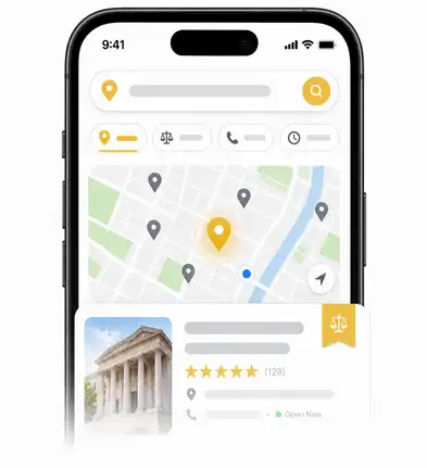 Mobile local search interface with map pins and a highlighted legal listing