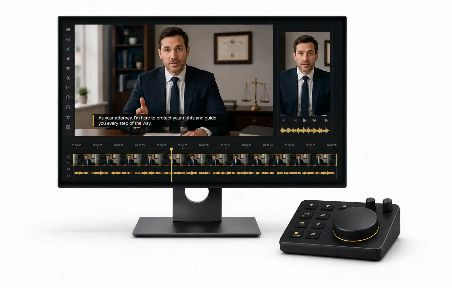 Professional attorney video displayed inside a modern editing interface